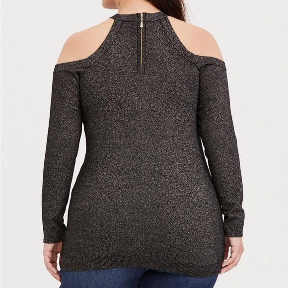TORRID Plus Size 3X Pullover Cross Neck Cold Shoulder Sweater Gray glitter - Picture 3 of 4